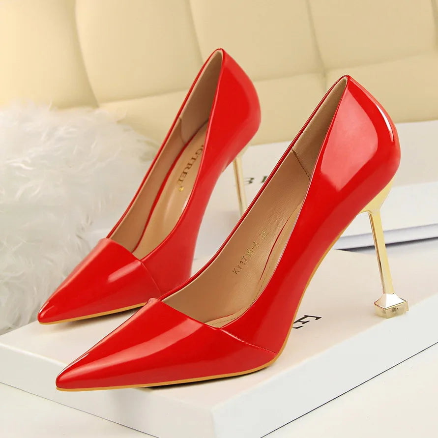 BIGTREE Shoes Metal Square Heel Ladies Office Shoes New Autumn Fashion Patent Leather Women Pumps Pointy Toe Wedding Bride Shoes