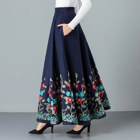 Mom elegant Embroidered Maxi pleated skirt Women Plus Size Winter Warm Woolen Long Skirt Lady High Waist Casual Wool Office saia