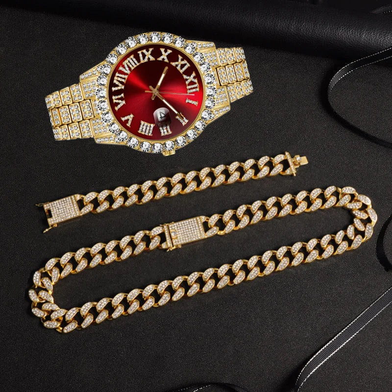 Full Iced Out Watch Mens Cuban Link Chain Bracelet Necklace Choker Bling Jewelry for Men Big Gold Chains Hip Hop Men Watch Set