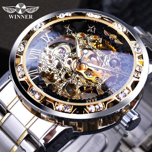 Winner Transparent Fashion Diamond Luminous Gear Movement Royal Design Men Top Brand Luxury Male Mechanical Skeleton Wrist Watch freeshipping - ZeeK01