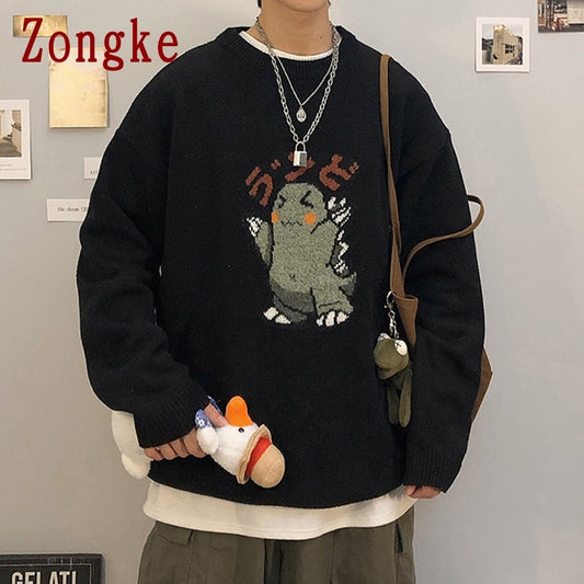 Zongke Black Knitted Sweater Men Winter Mens Clothes Pullover Mens Sweaters Harajuku Sweater Little Monster Print 2021 M-3XL freeshipping - ZeeK01