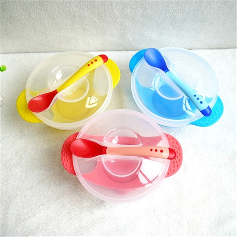 Temperature Sensing Feeding Spoon Child Tableware Food Bowl Learning Dishes Service Plate/Tray Suction Cup Baby Dinnerware Set freeshipping - ZeeK01